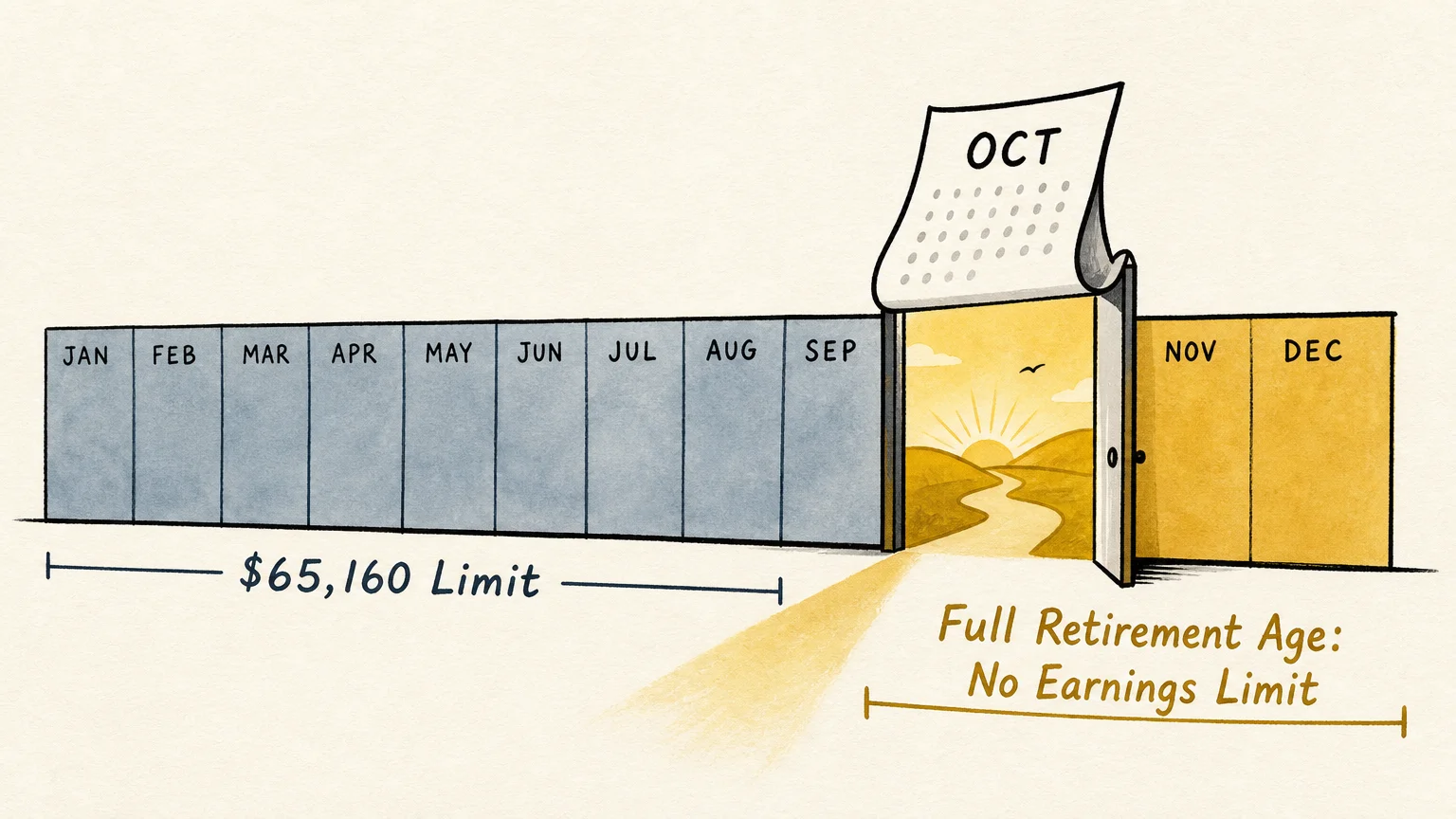 An editorial illustration of a calendar timeline showing the transition from a strict $65,160 limit to unlimited earnings after the birth mo