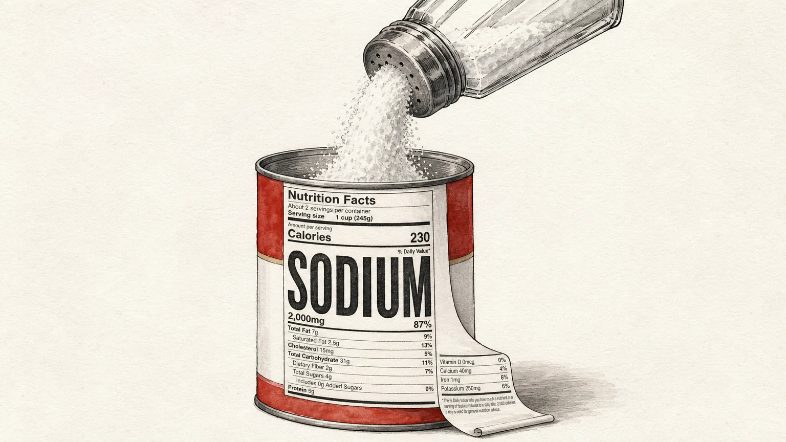 An editorial illustration of a soup can overwhelmed by a giant 'SODIUM' label and a salt shaker.