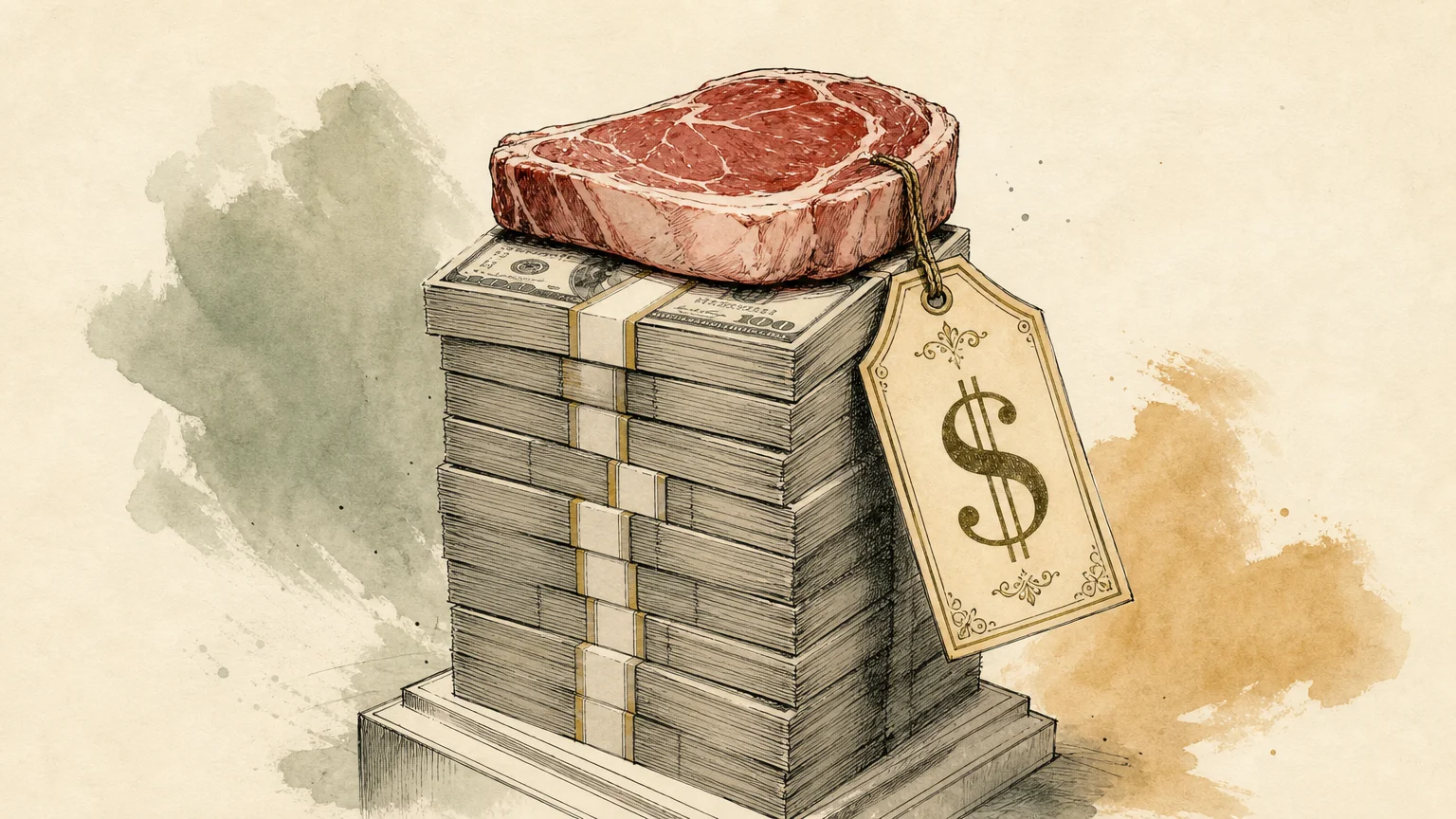 An editorial illustration of a steak sitting on a pedestal made of money, symbolizing high markups.