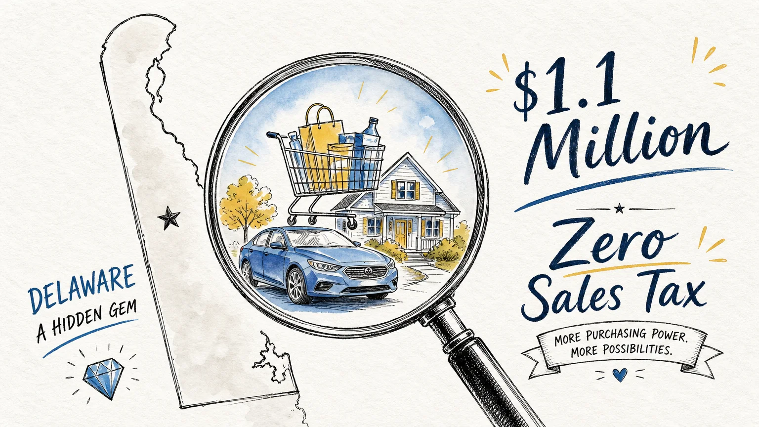 An editorial illustration of Delaware seen through a magnifying glass with the text 'Zero Sales Tax' and '$1.1 Million'.
