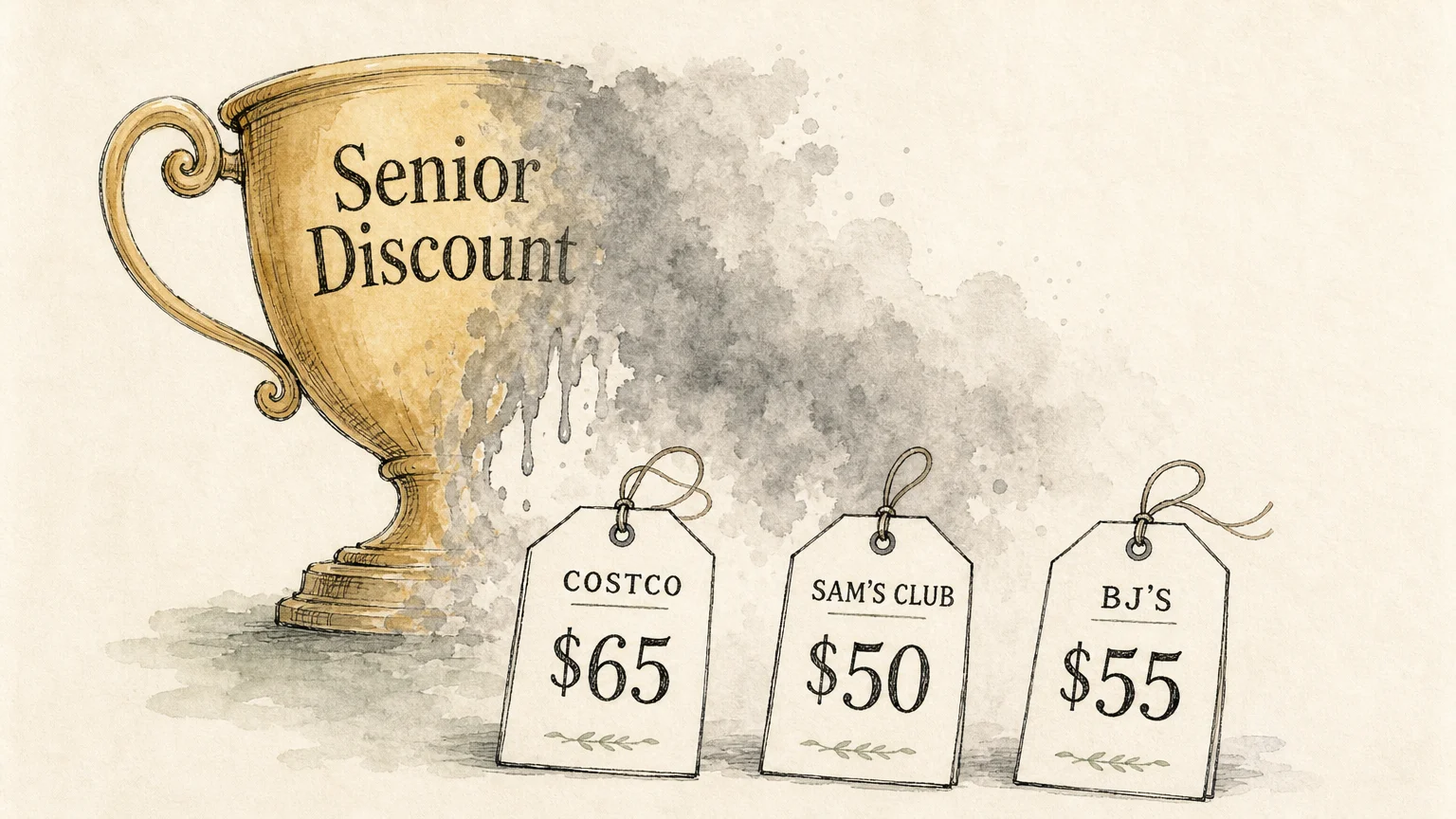 An editorial ink drawing showing three price tags labeled $65, $50, and $55 next to a fading trophy labeled Senior Discount.
