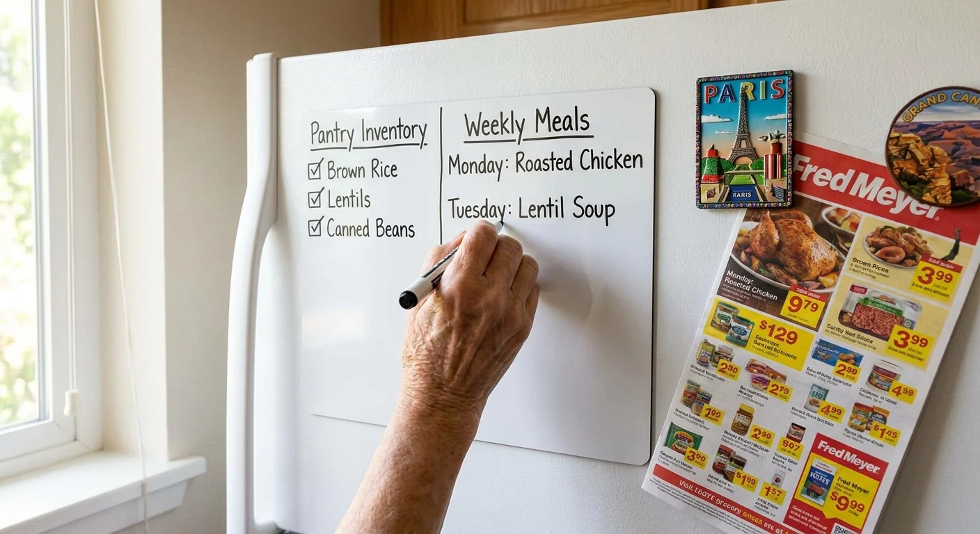 An everyday photo of a hand updating a magnetic whiteboard pantry inventory list on a refrigerator door.
