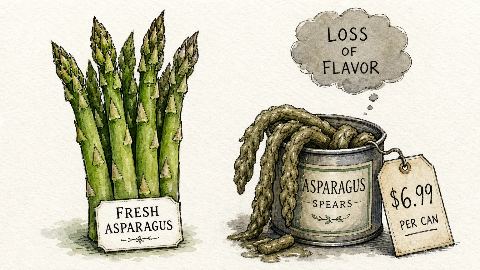 An illustration comparing crisp fresh asparagus to limp, greyish canned asparagus.