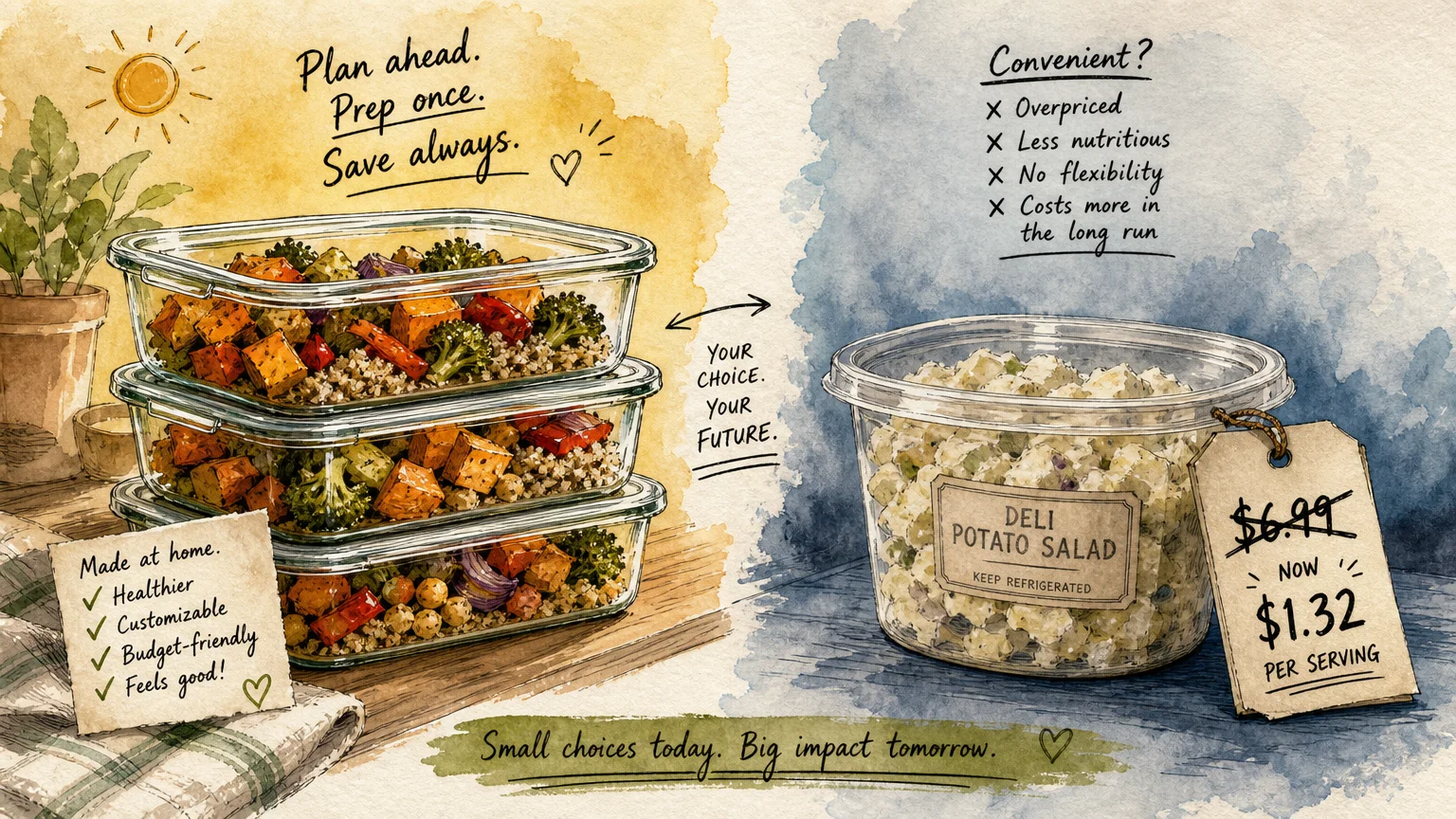 An illustration comparing warm, glass containers of home-cooked meal prep to a cold, expensive plastic deli container.