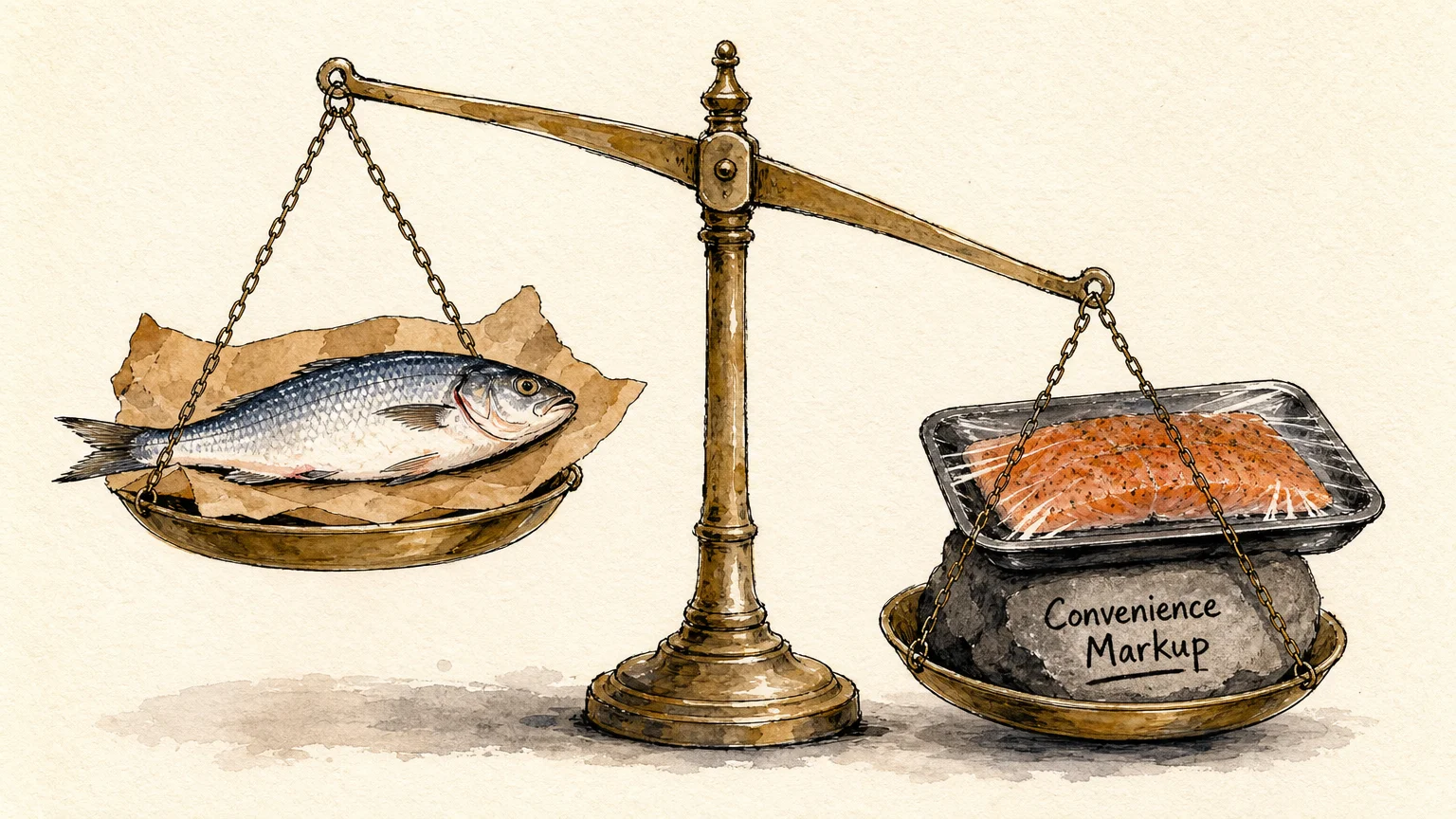An illustration of a balance scale showing a pre-packaged fish fillet weighed down by a stone labeled Convenience Markup.