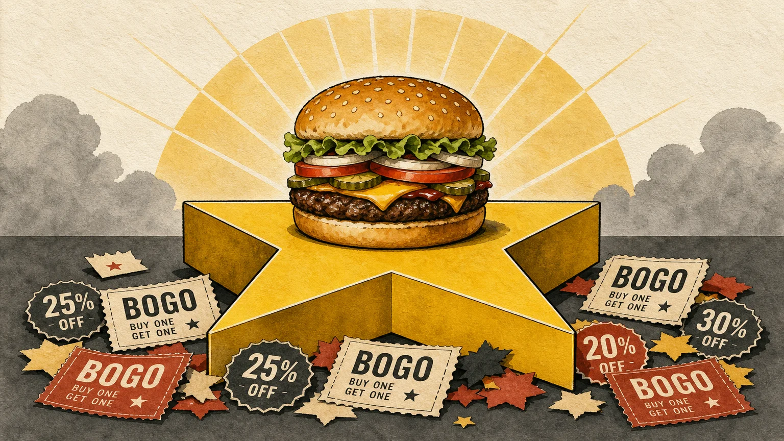 An illustration of a burger sitting on a star-shaped pedestal surrounded by discount coupons.