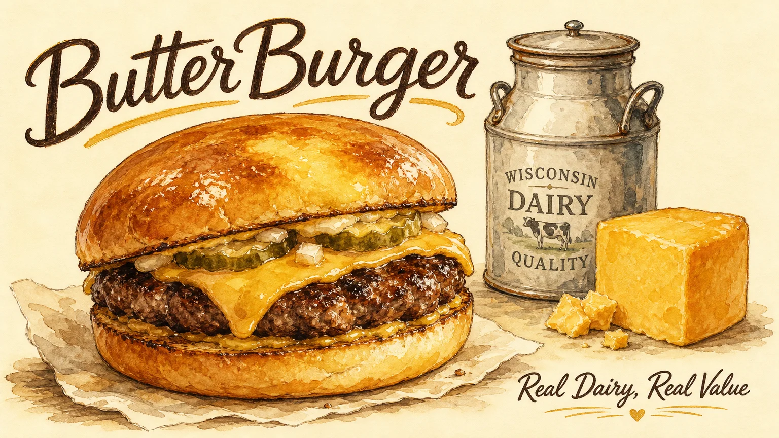An illustration of a burger with a shiny bun next to a block of cheese and a milk can.