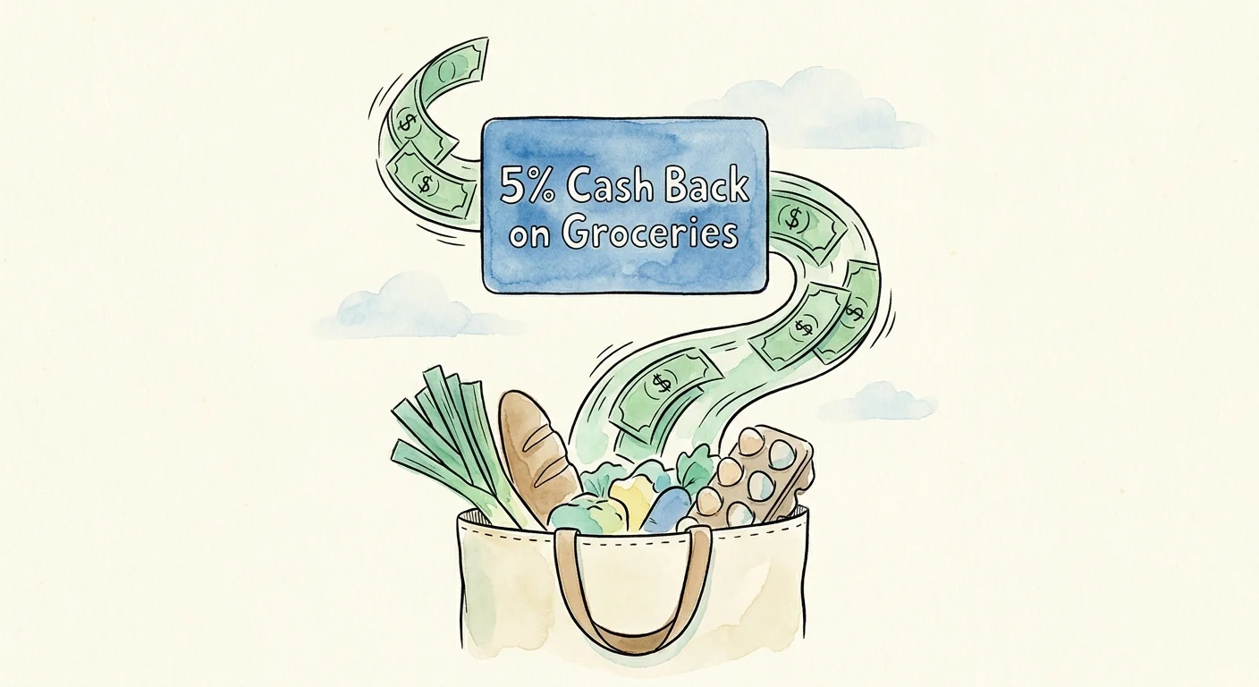 An illustration of a credit card labeled 5% cash back on groceries cascading dollar bills into a canvas tote bag.