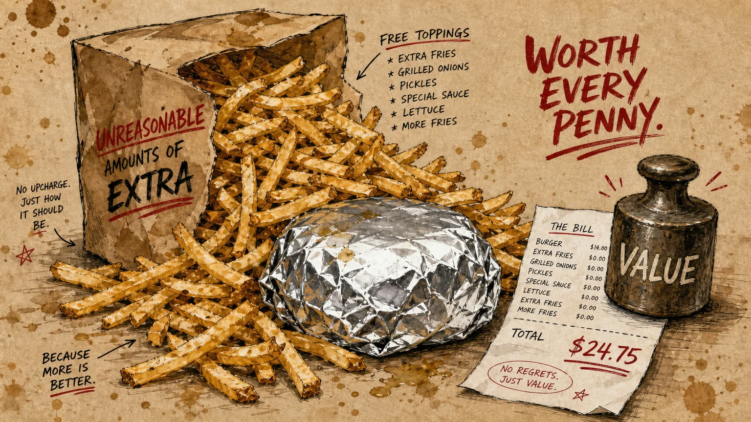 An illustration of a foil-wrapped burger and a brown bag overflowing with an excessive amount of fries.