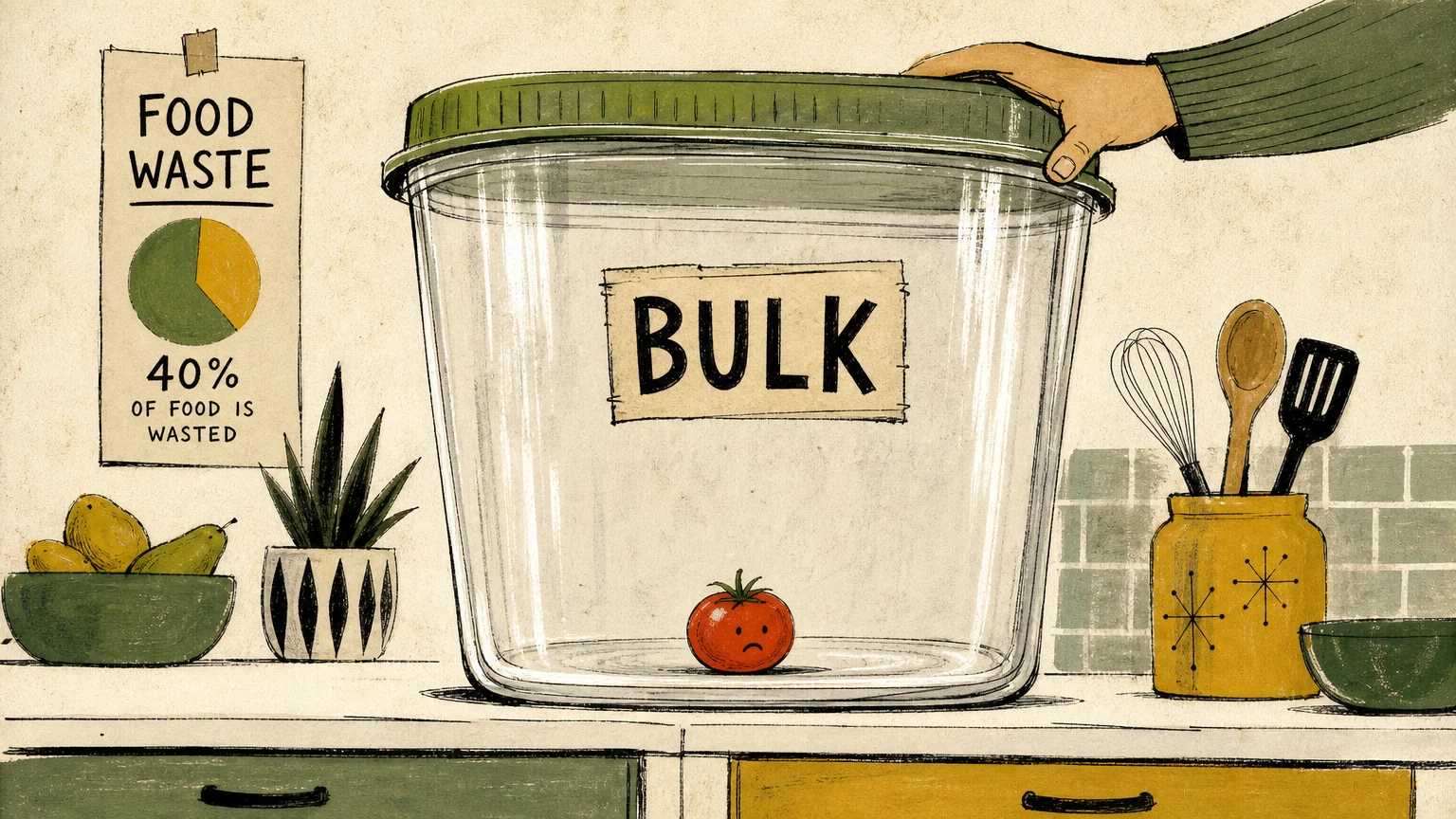 An illustration of a giant plastic container labeled Bulk holding a single tiny tomato to represent food waste.