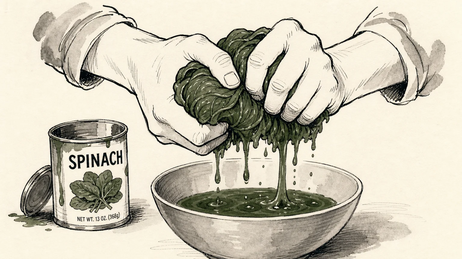 An illustration of a green sponge being wrung out, a metaphor for the soggy texture of canned spinach.