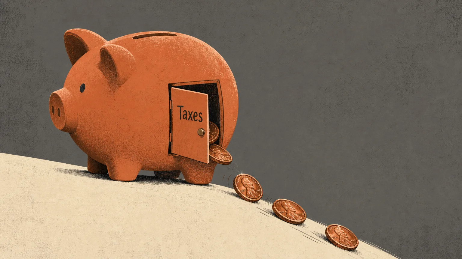 An illustration of a piggy bank with a hidden side door labeled Taxes, where coins are quietly slipping out from the bottom.