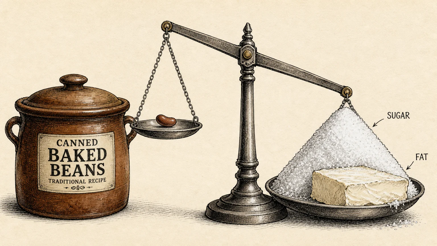 An illustration of a scale showing baked beans being outweighed by sugar and fat.