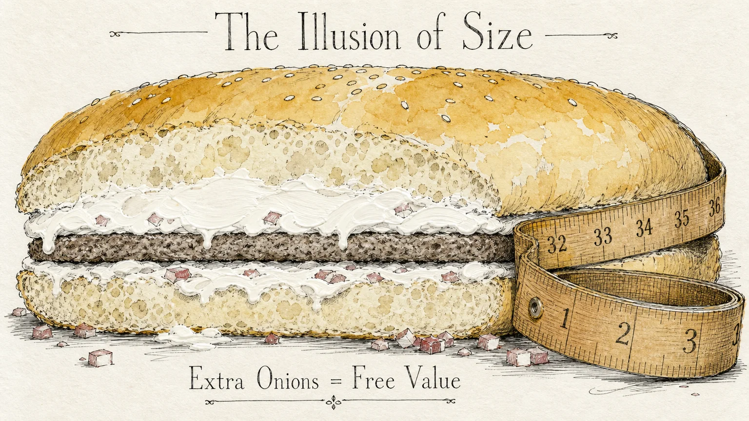 An illustration of a very wide burger bun with a thin patty inside, being measured by a tailor's tape.