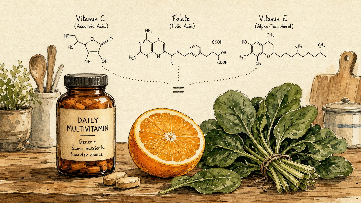 An illustration of a vitamin bottle next to a fresh orange and spinach, showing equivalent nutritional building blocks.