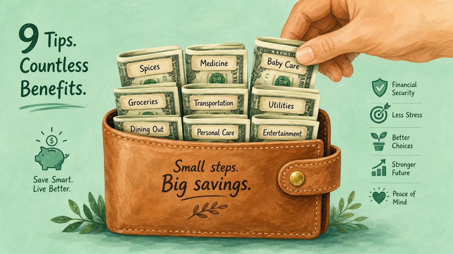 An illustration of a wallet being filled with money saved from various grocery categories like medicine and spices.
