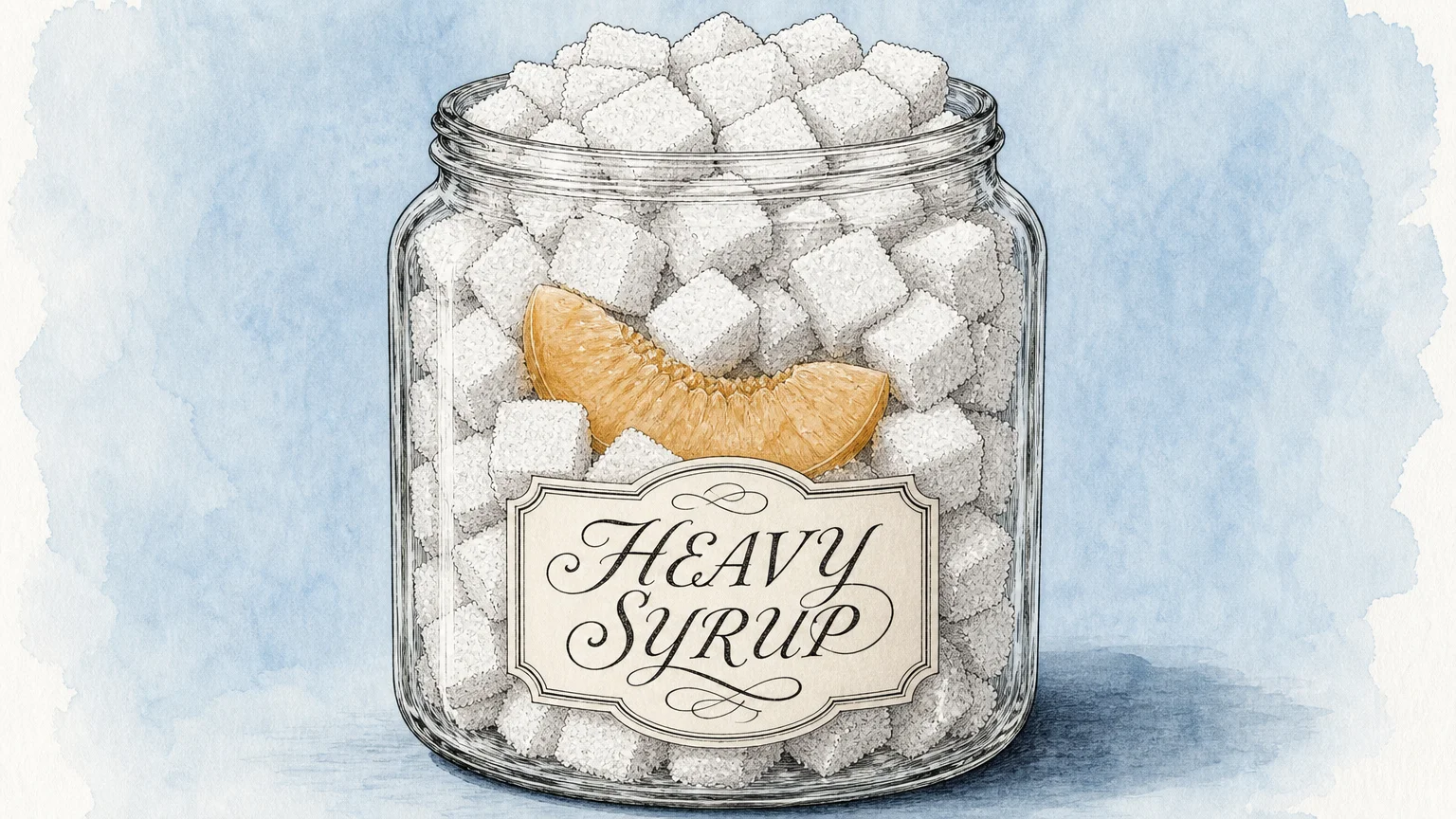 An illustration of fruit slices drowning in a mountain of sugar cubes to represent heavy syrup.