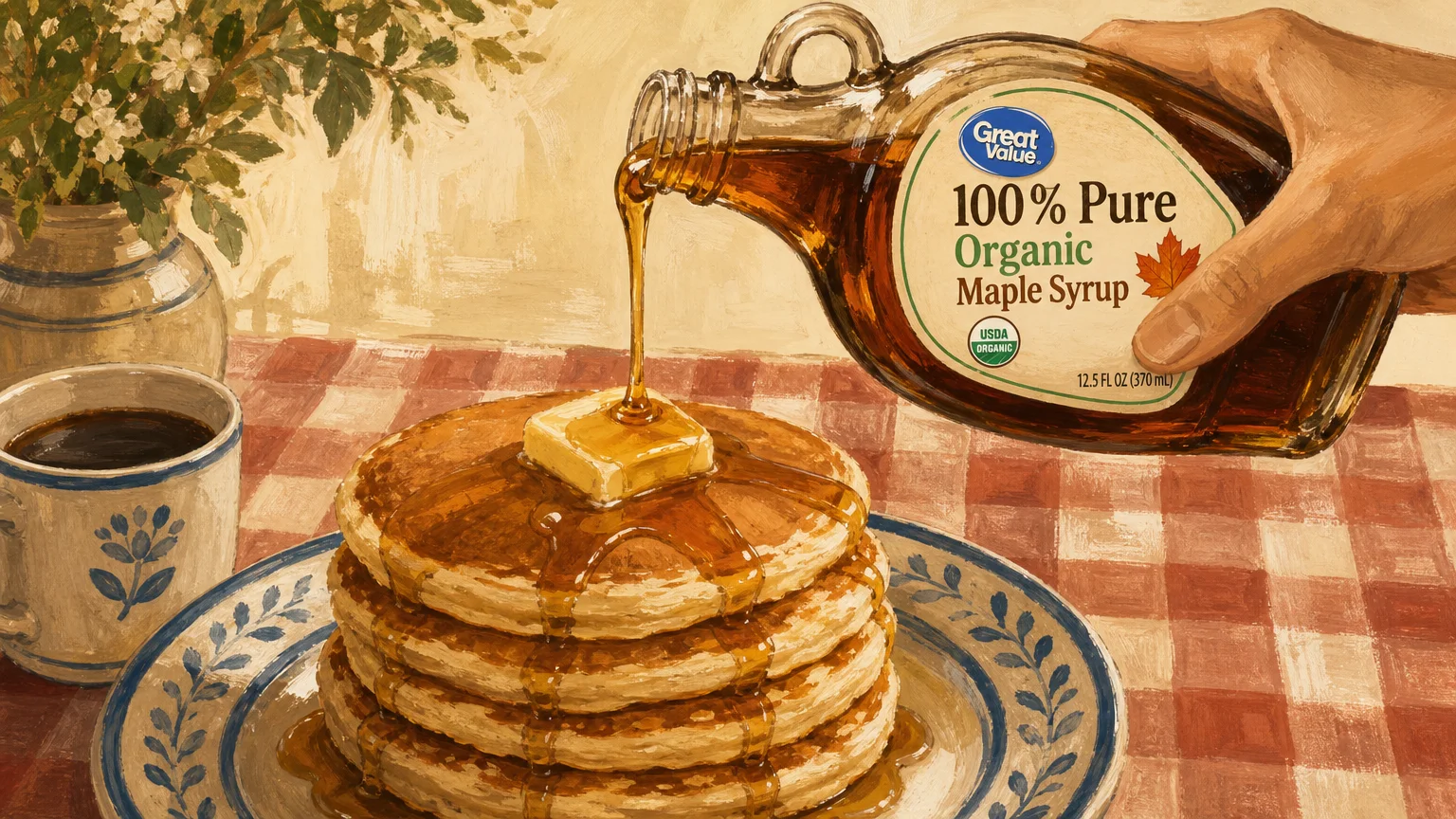 An illustration of golden maple syrup being poured onto a stack of pancakes from a Great Value Organic bottle.
