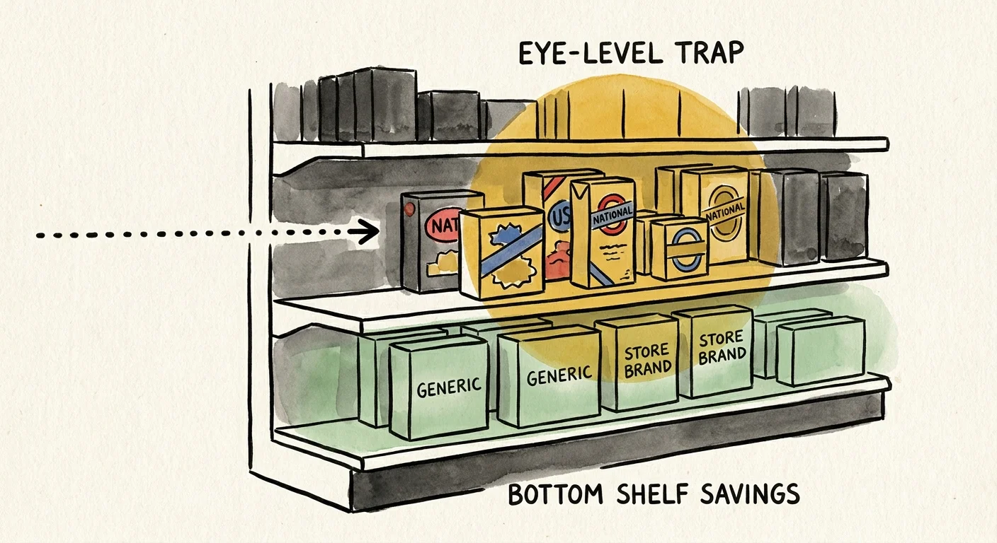 An illustration showing a shopper's gaze drawn to an eye-level trap shelf, while savings are hidden on the bottom shelf.