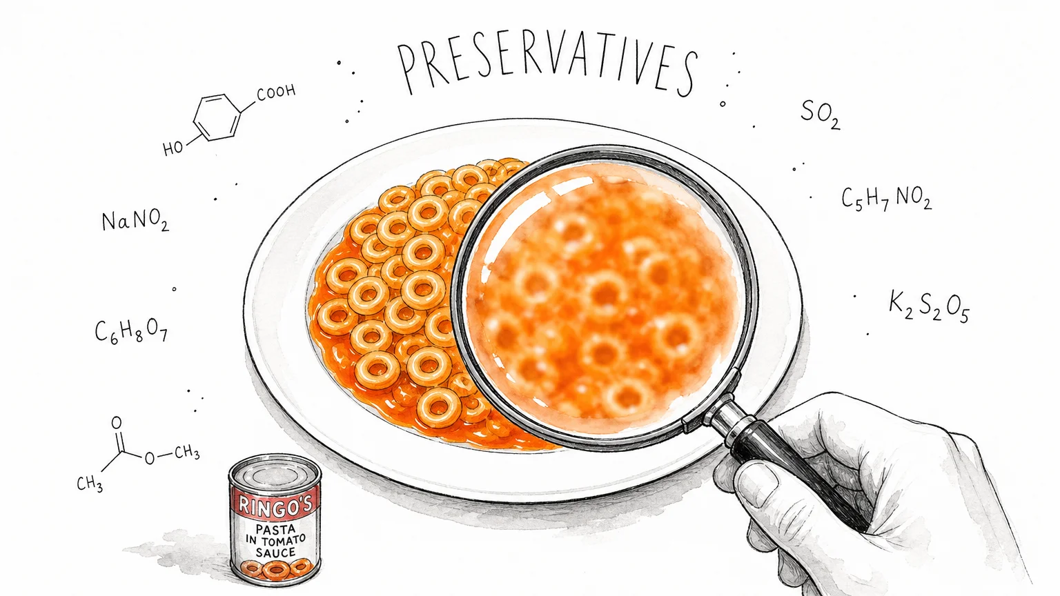 An illustration showing canned pasta under a magnifying glass, highlighting preservatives and artificial colors.