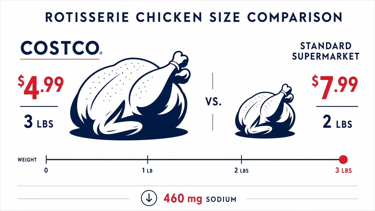 An infographic comparing a large 3 lb Costco chicken at $4.99 to a standard 2 lb supermarket chicken at $7.99.