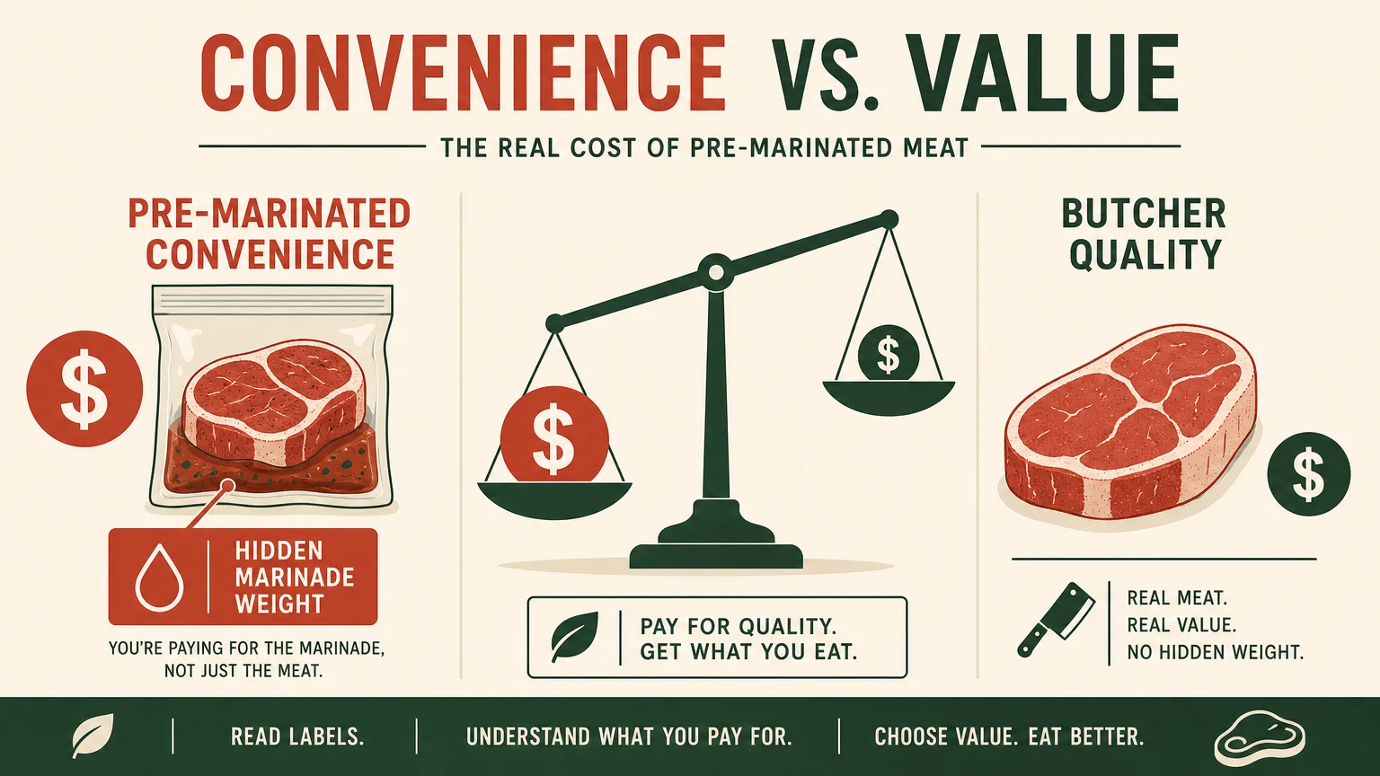 An infographic comparing the cost of pre-marinated meat versus plain butcher cuts, highlighting the extra cost for marinade weight.