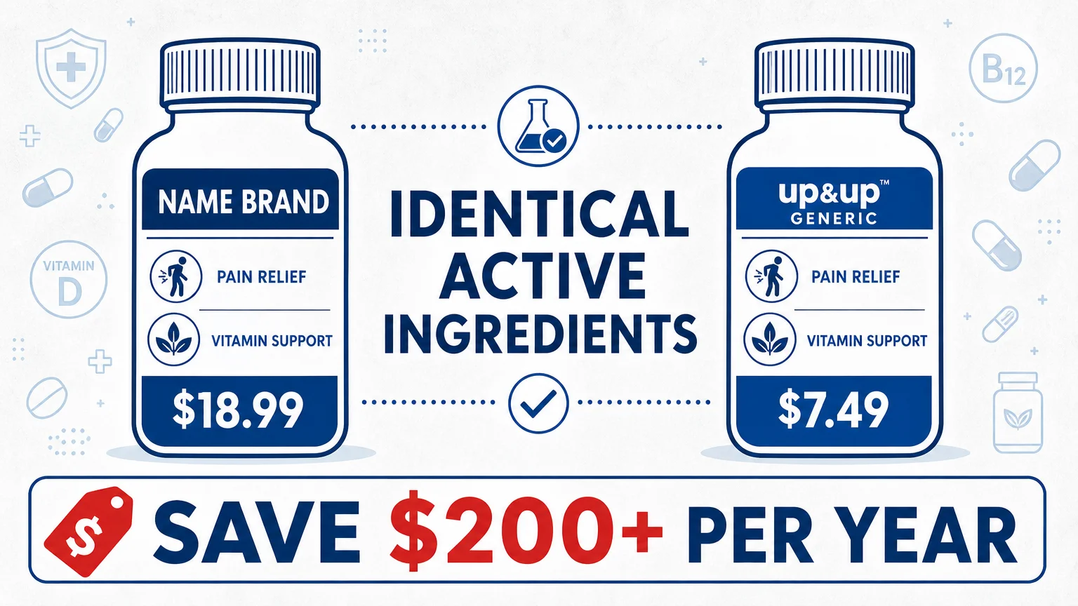An infographic comparing the high price of brand-name meds to the lower price of Target's Up&Up generic brand.