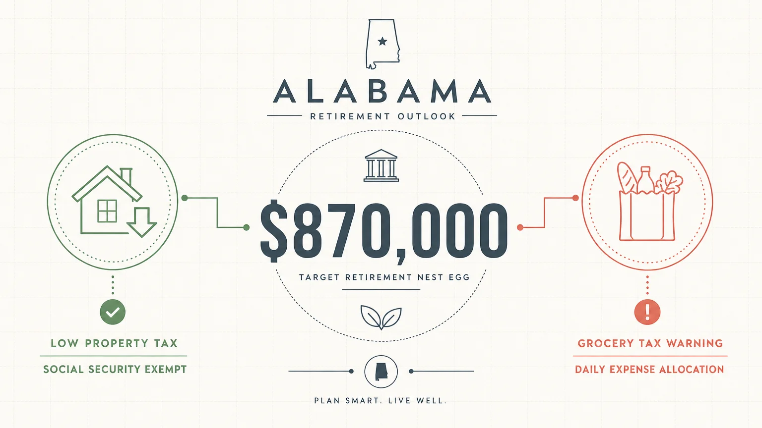 An infographic for Alabama showing a $870,000 target with icons for low property taxes and grocery tax warnings.
