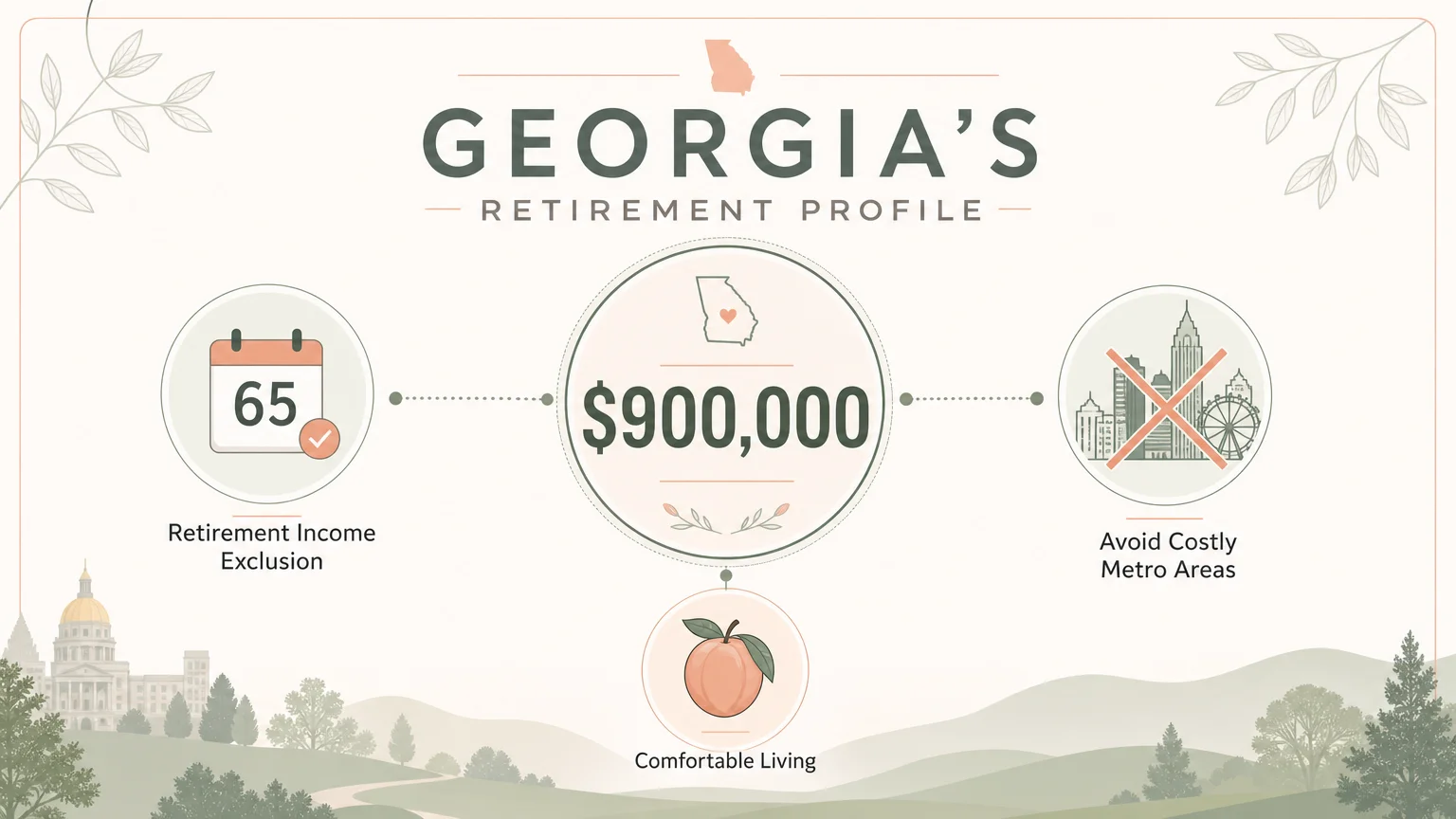 An infographic for Georgia showing a $900,000 savings target and a tax exclusion for those age 65 and older.