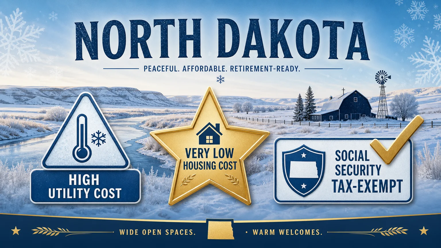 An infographic for North Dakota showing low housing costs and tax-exempt Social Security.
