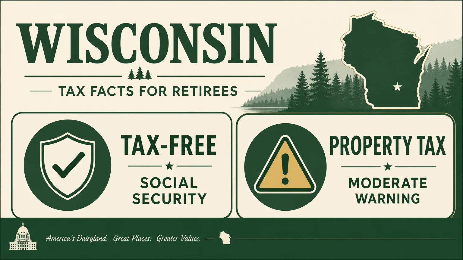 An infographic for Wisconsin showing tax-free Social Security and moderate property taxes.