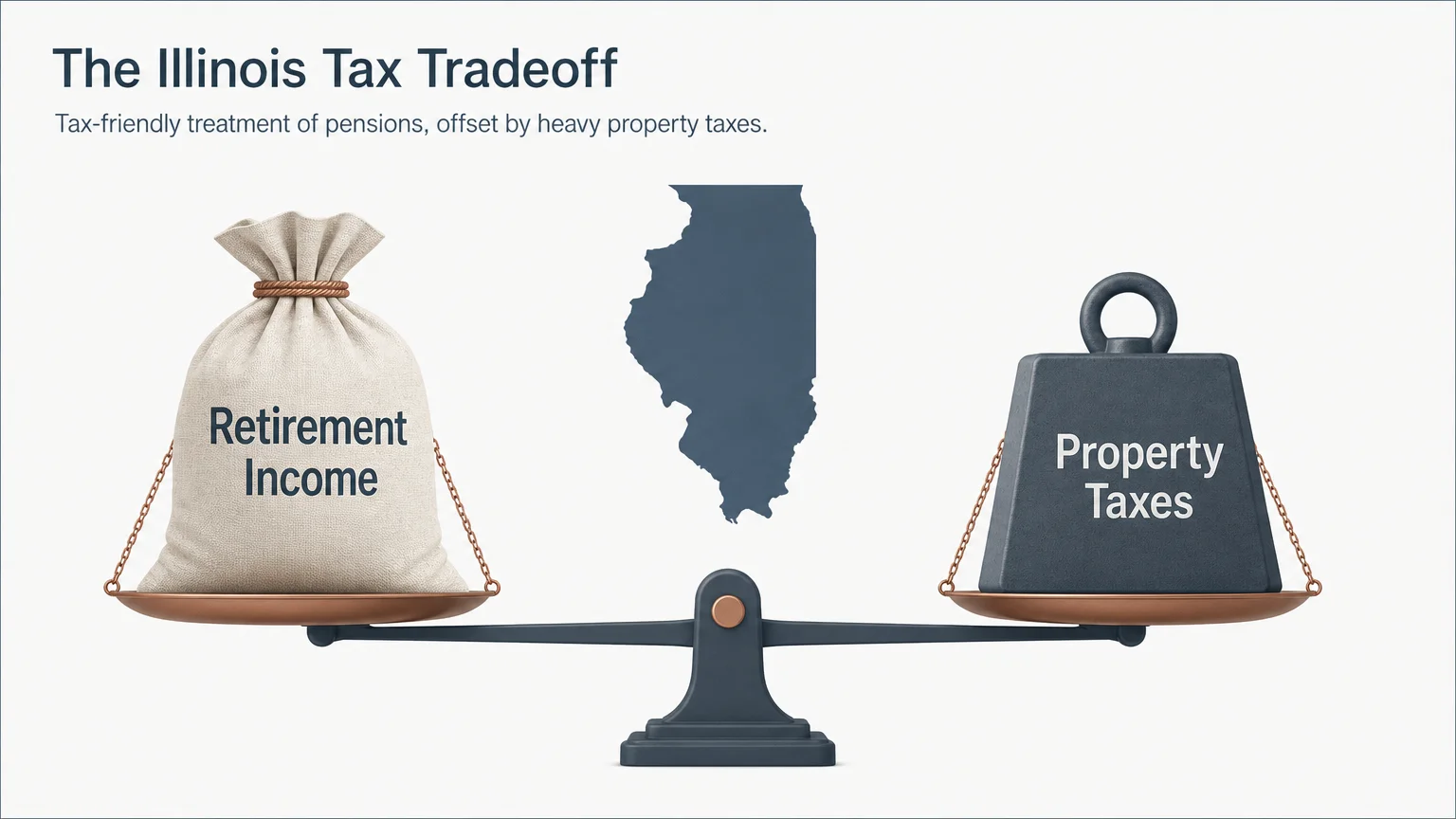 An infographic of a scale balancing Illinois' tax-free retirement income against its high property taxes.