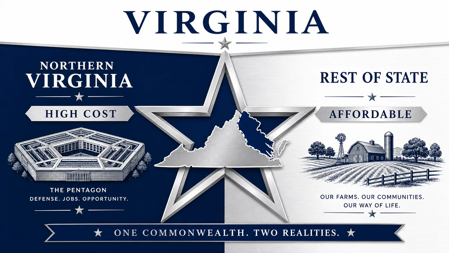 An infographic of Virginia showing the cost divide between the DC suburbs and the rest of the state.
