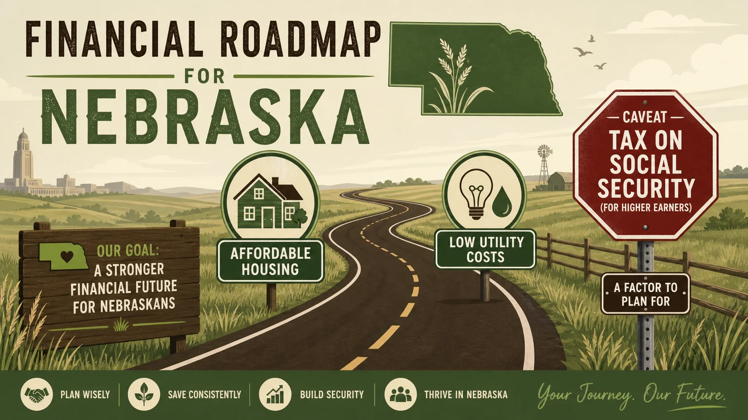 An infographic road map for Nebraska showing low costs but a warning about Social Security taxes.