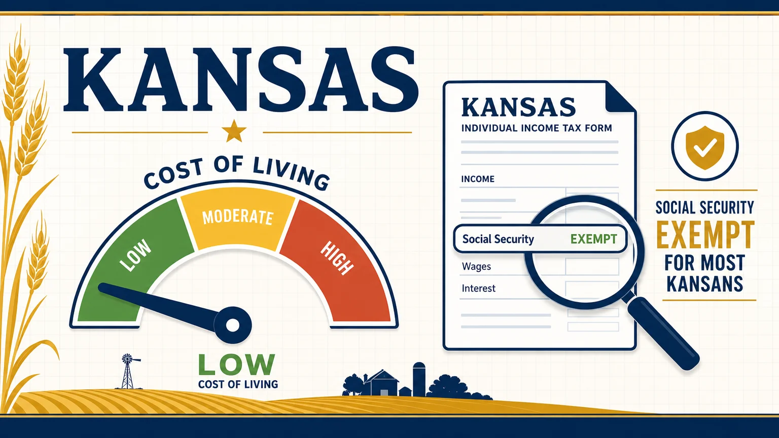 An infographic showing a low cost-of-living gauge for Kansas and a tax-exempt icon for Social Security.