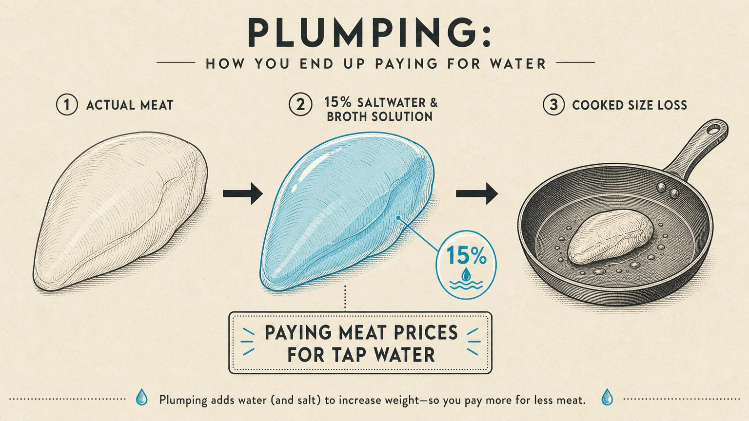 An infographic showing how meat is plumped with 15% saltwater solution, leading to significant shrinkage during cooking.