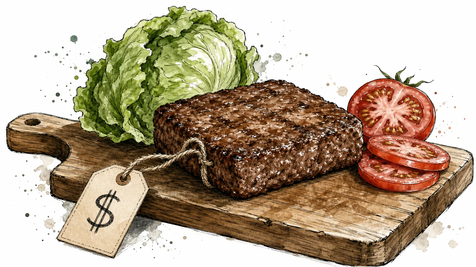 An ink and watercolor drawing of a square burger patty next to fresh vegetables with a price tag.