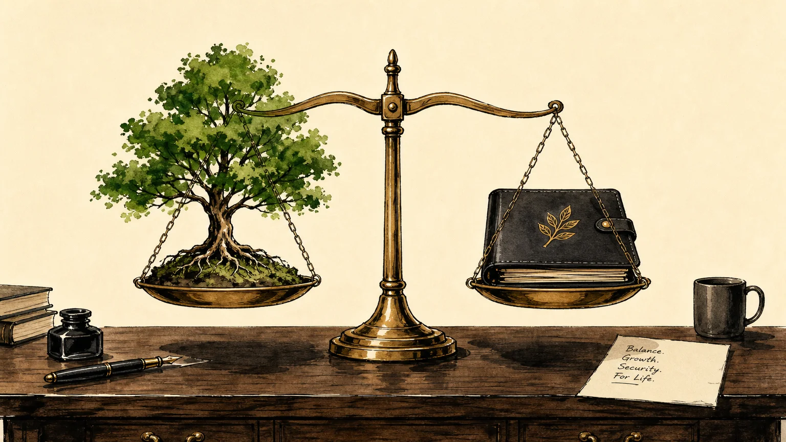 An ink and watercolor illustration of a brass scale balancing a vibrant green tree against a leather-bound financial folder.
