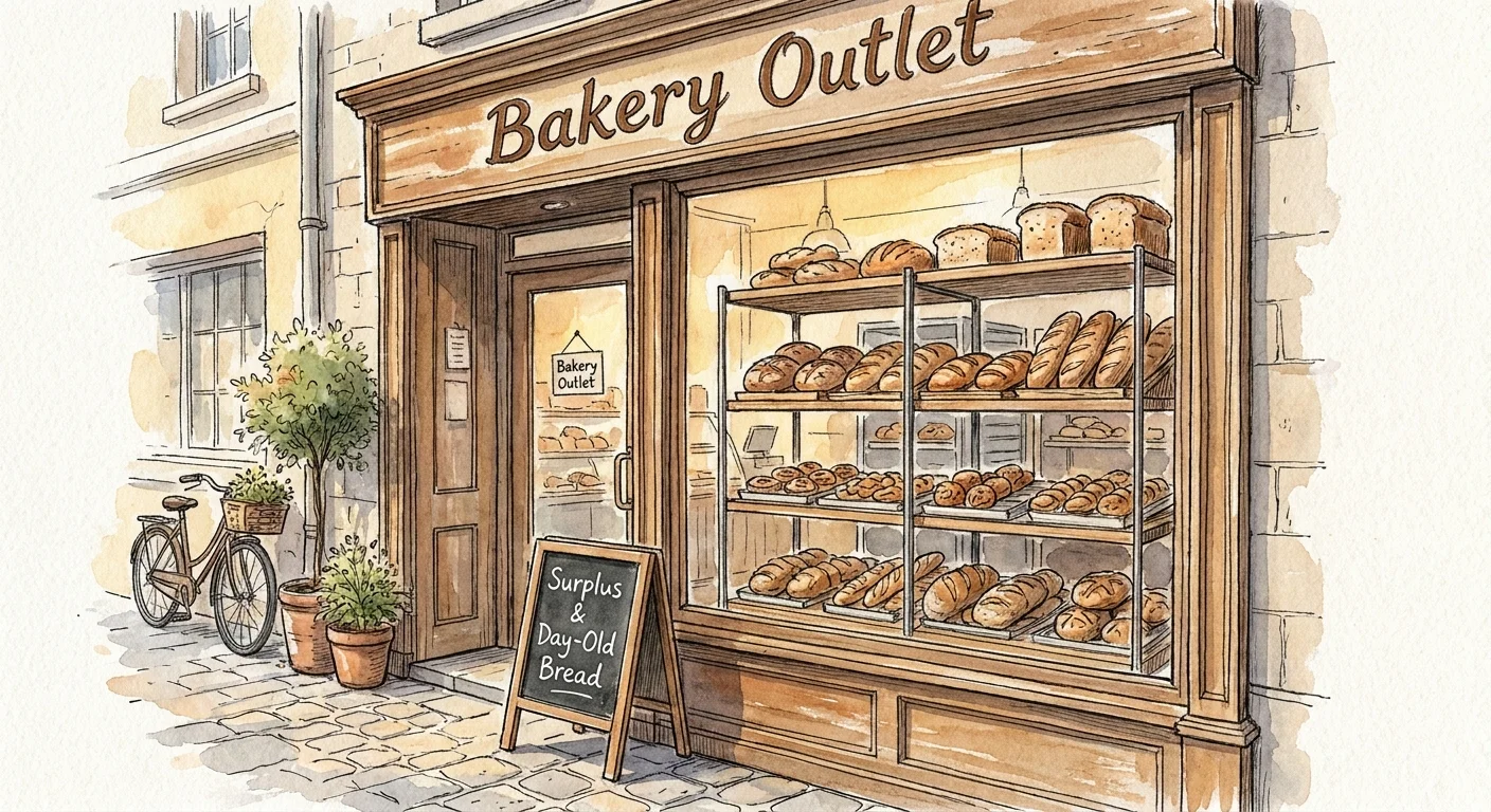 An ink and watercolor illustration of a cozy bakery outlet store with a sign advertising surplus bread.