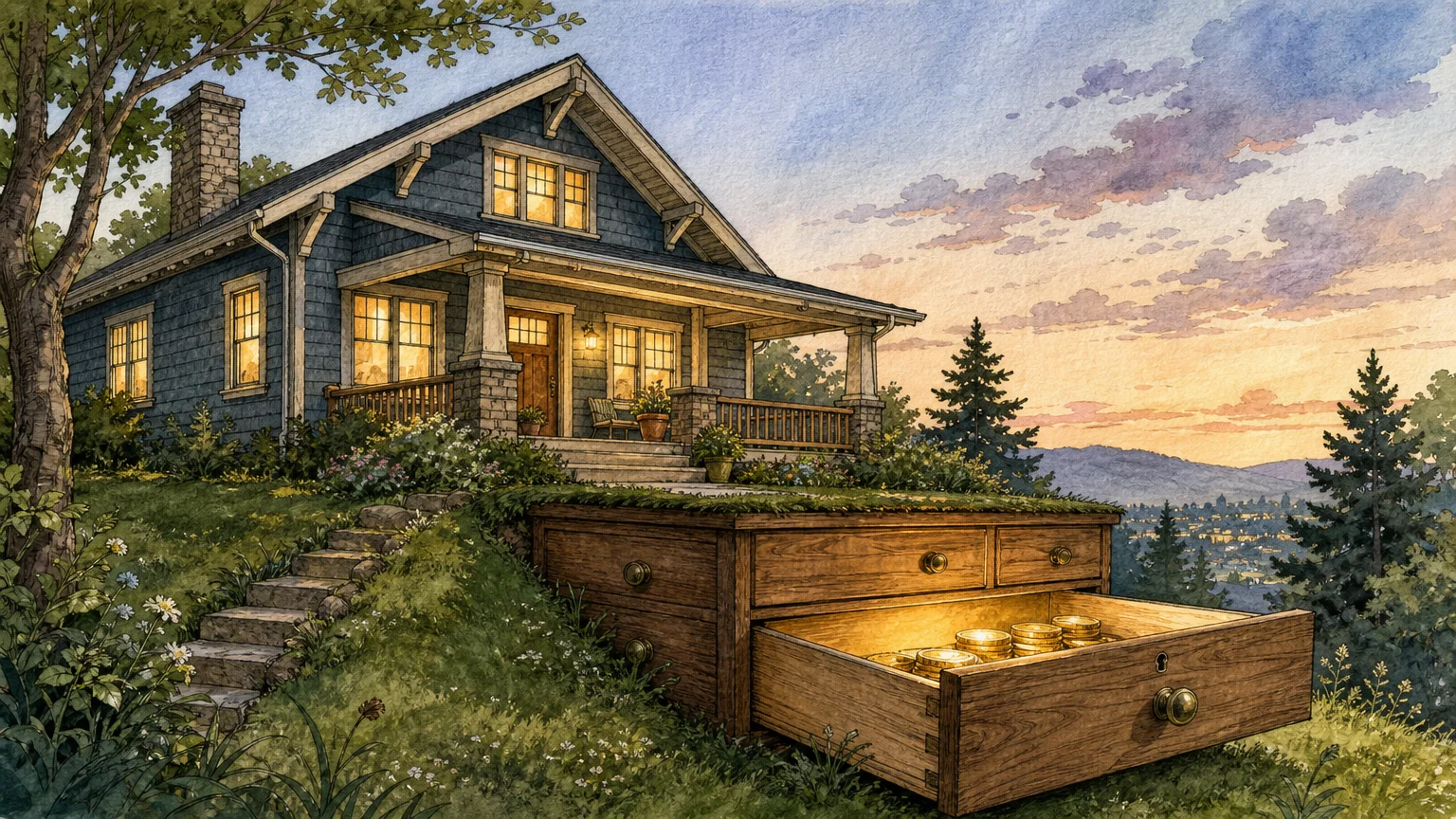 An ink and watercolor illustration of a cozy craftsman house with its foundation opening like a secure drawer filled with gold coins.