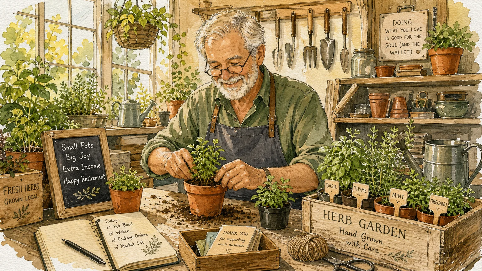 An ink and watercolor illustration of a cozy garden workshop, symbolizing active hobbies that generate supplemental income.