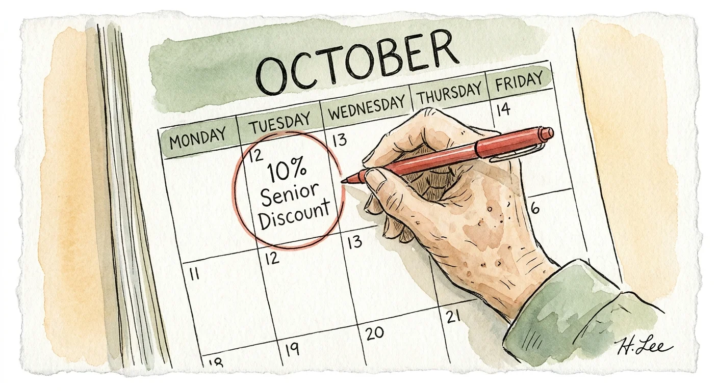 An ink and watercolor illustration of a hand circling Tuesday on a calendar labeled 10% senior discount.