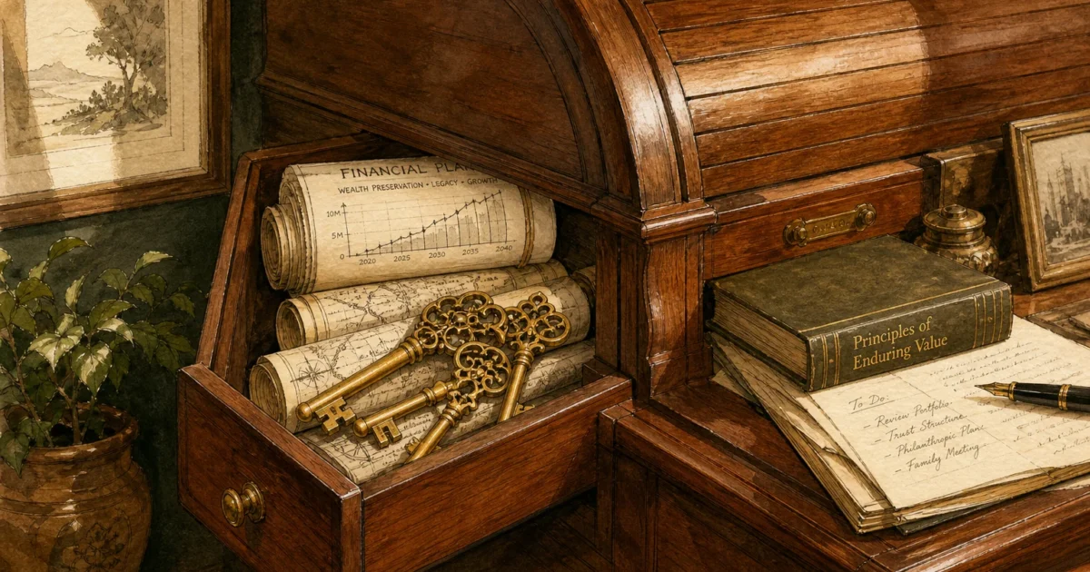 An ink and watercolor illustration of a hidden compartment sliding open in an antique desk, revealing golden keys and rolled blueprints.