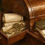An ink and watercolor illustration of a hidden compartment sliding open in an antique desk, revealing golden keys and rolled blueprints.