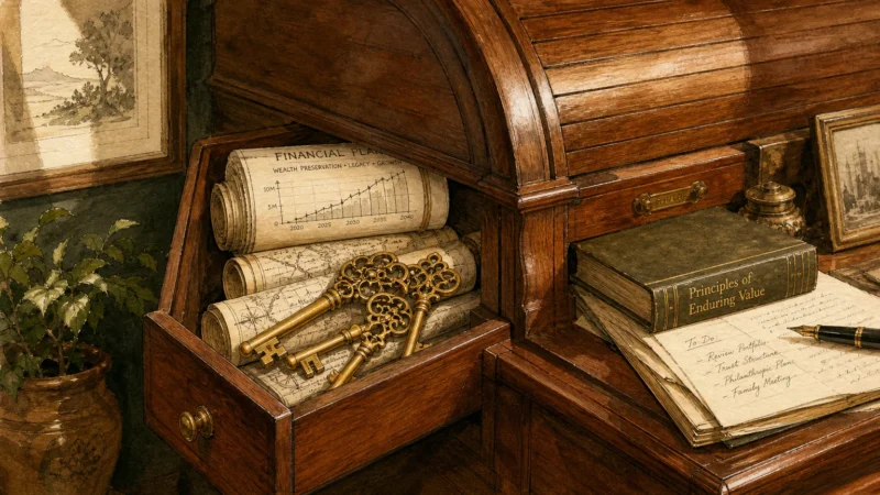 An ink and watercolor illustration of a hidden compartment sliding open in an antique desk, revealing golden keys and rolled blueprints.