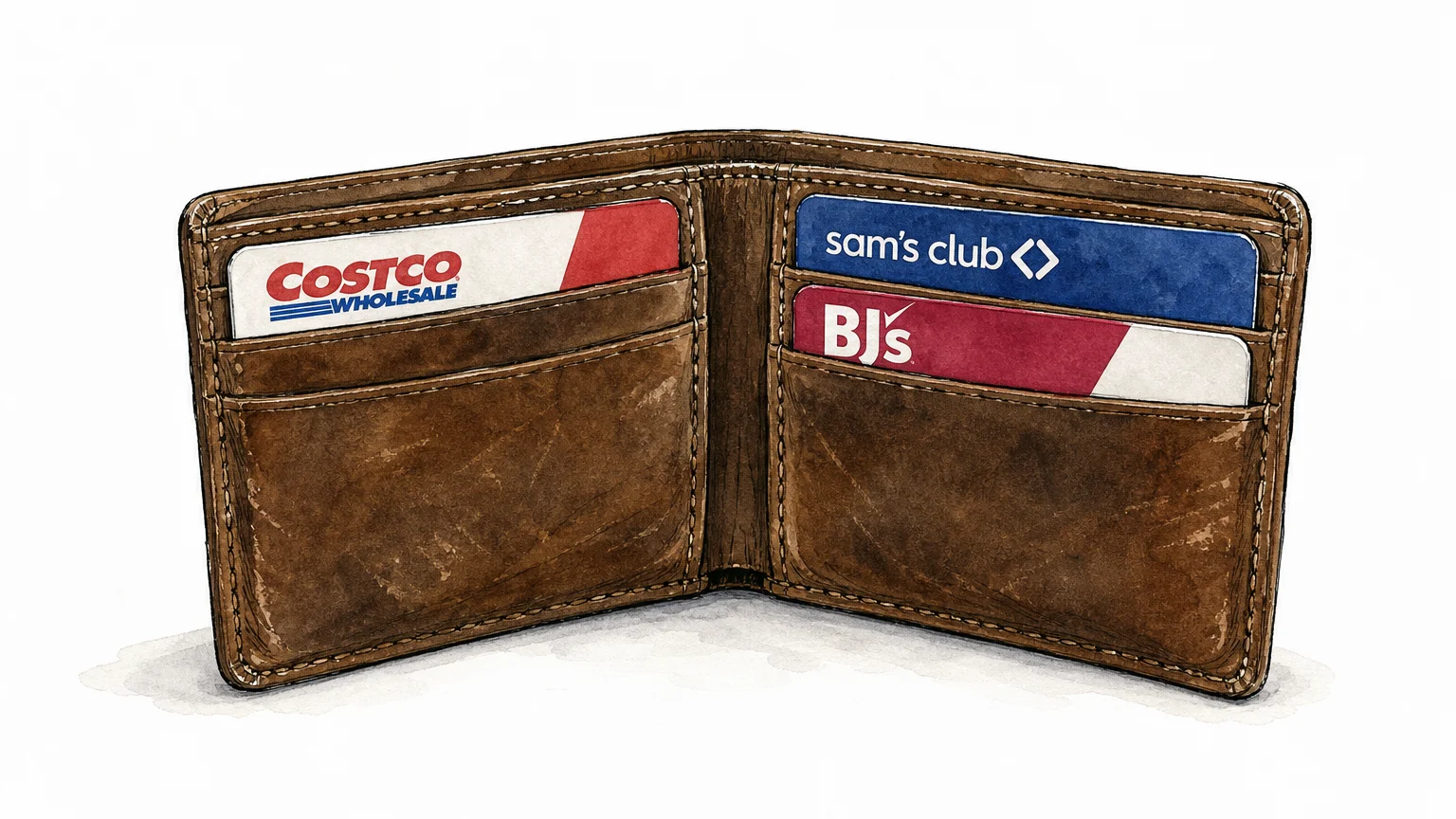 An ink and watercolor illustration of a leather wallet with three different club membership cards peeking out.