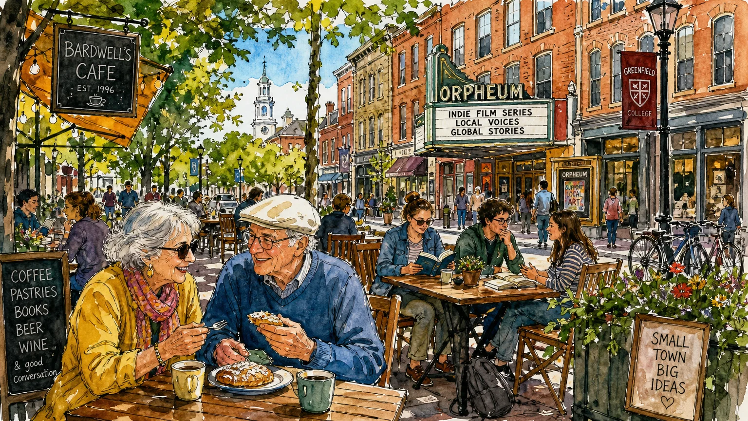 An ink and watercolor illustration of a lively college-town cafe with outdoor seating.