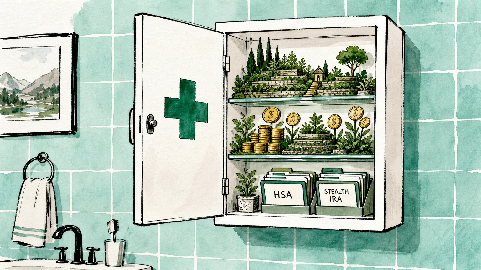 An ink and watercolor illustration of an open medicine cabinet filled with growing green plants and financial folders labeled HSA.