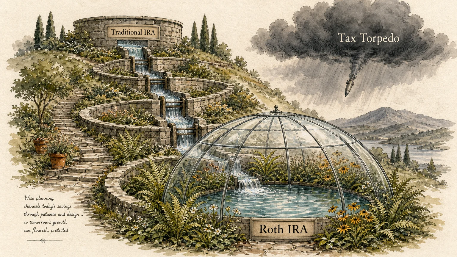 An ink and watercolor illustration of stone terraces routing water from a Traditional IRA to a protected Roth IRA pool.