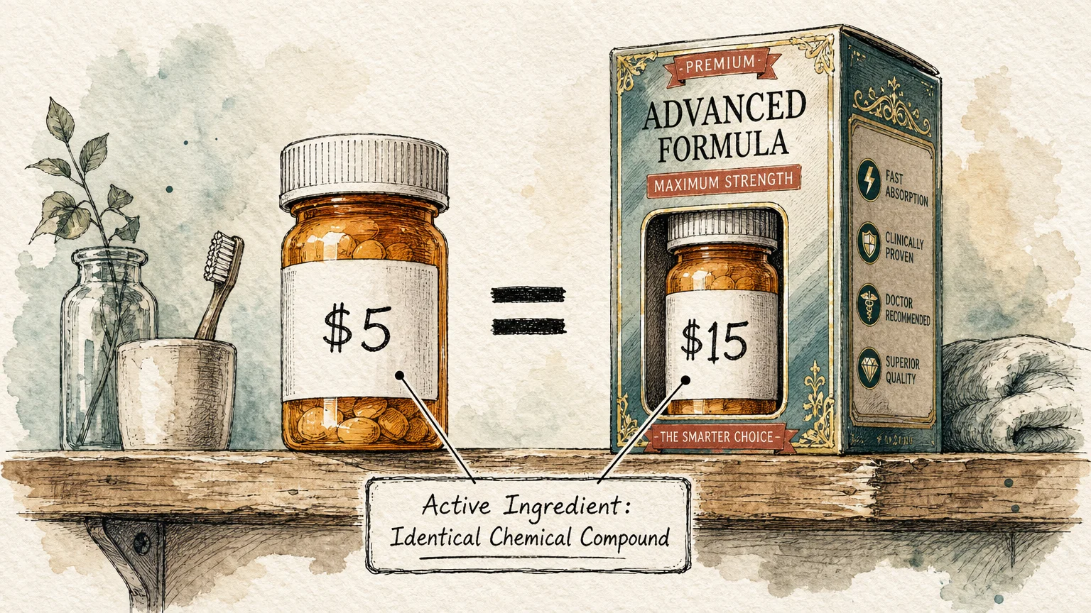 An ink and watercolor illustration of two medicine bottles, showing a generic $5 version is chemically identical to a $15 brand.